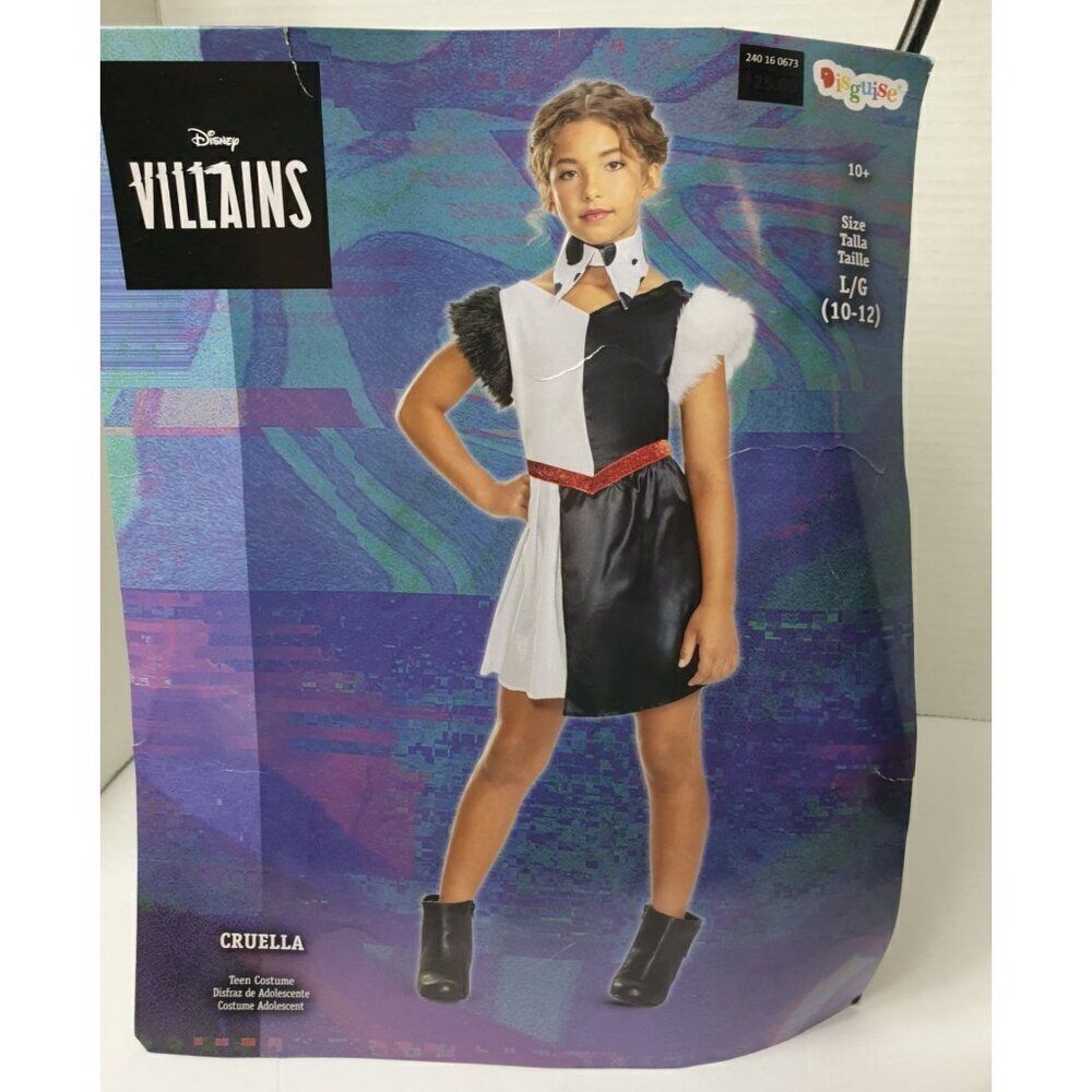 Girls Disney Villains Cruella De Vil Costume Dalmations Style Black & White Lg